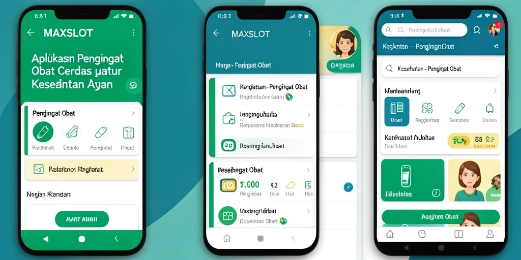 Antarmuka aplikasi MAXSLOT yang menunjukkan pengingat obat dengan jelas.